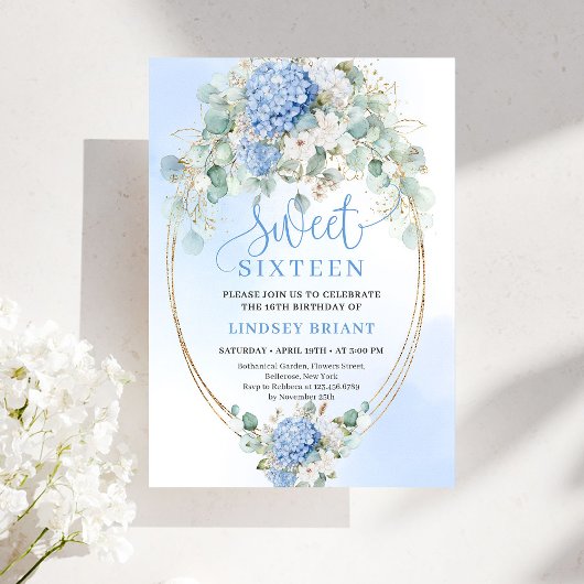 Glam Blue Hydrangeas Gold Sweet Sixteen Invite Einladung