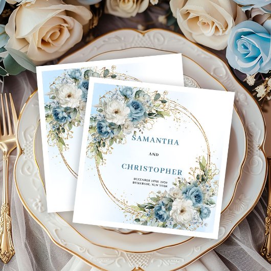 Glam Blue Peony Gold Frame Wedding Napkins Serviette