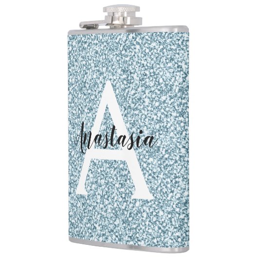 Glam Blue Silver Glitzer Glitzern Monogram Name Flachmann (Links)