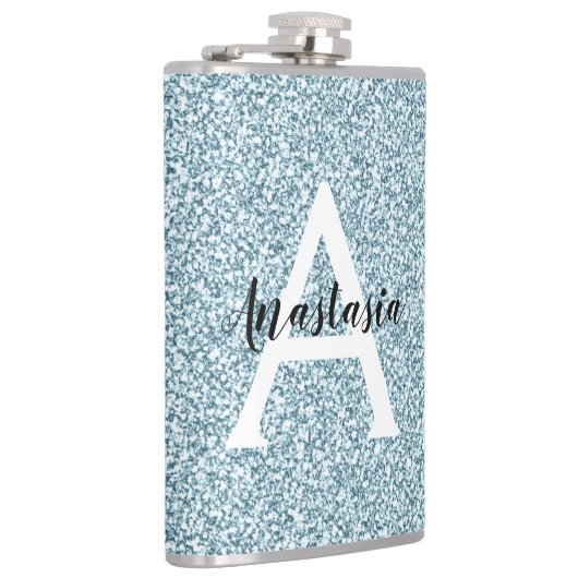 Glam Blue Silver Glitzer Glitzern Monogram Name Flachmann (Rechts)
