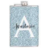 Glam Blue Silver Glitzer Glitzern Monogram Name Flachmann (Vorderseite)