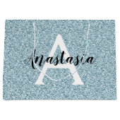 Glam Blue Silver Glitzer Glitzern Monogram Name Große Geschenktüte (Vorderseite)