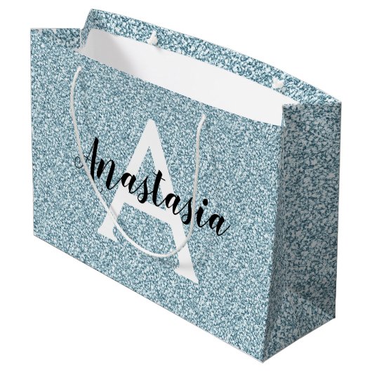 Glam Blue Silver Glitzer Glitzern Monogram Name Große Geschenktüte (Rückseite Schrägansicht)