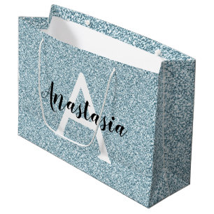 Glam Blue Silver Glitzer Glitzern Monogram Name Große Geschenktüte