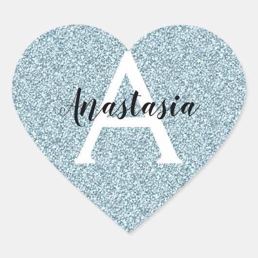 Glam Blue Silver Glitzer Glitzern Monogram Name Herz-Aufkleber (Vorderseite)