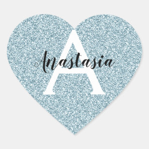 Glam Blue Silver Glitzer Glitzern Monogram Name Herz-Aufkleber