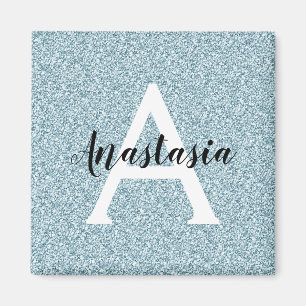Glam Blue Silver Glitzer Glitzern Monogram Name Magnet