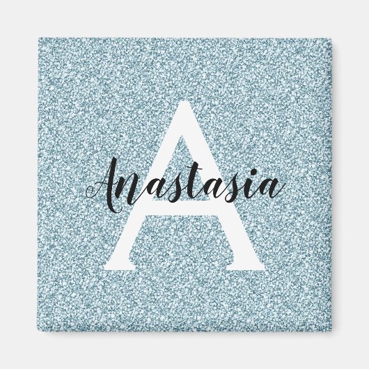 Glam Blue Silver Glitzer Glitzern Monogram Name Magnet (Vorne)
