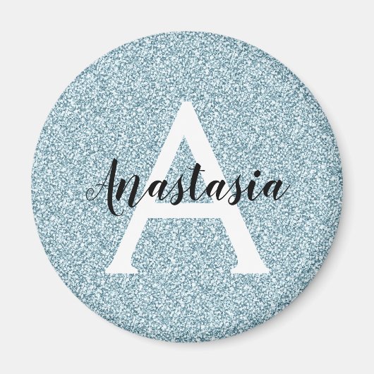 Glam Blue Silver Glitzer Glitzern Monogram Name Magnet (Vorne)
