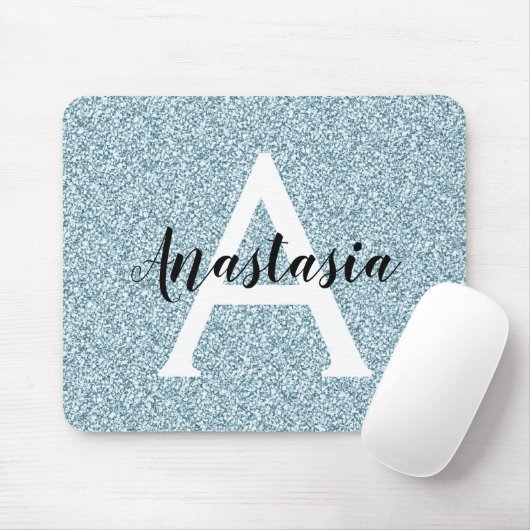 Glam Blue Silver Glitzer Glitzern Monogram Name Mousepad (Mit Mouse)