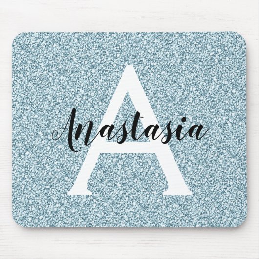 Glam Blue Silver Glitzer Glitzern Monogram Name Mousepad (Vorne)