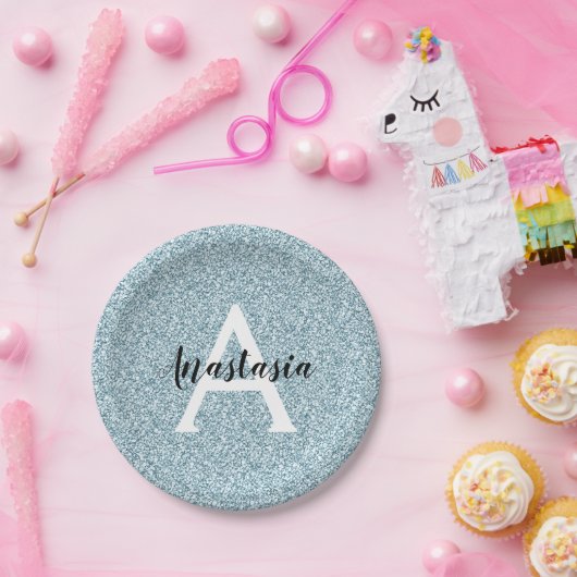 Glam Blue Silver Glitzer Glitzern Monogram Name Pappteller (Party)