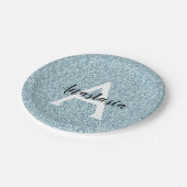 Glam Blue Silver Glitzer Glitzern Monogram Name Pappteller (Schrägansicht)
