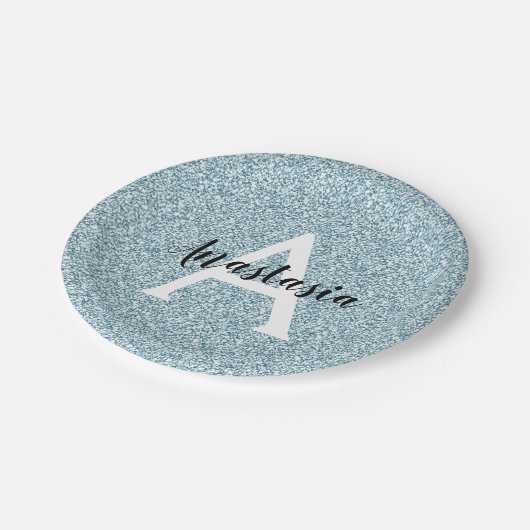 Glam Blue Silver Glitzer Glitzern Monogram Name Pappteller (Schrägansicht)