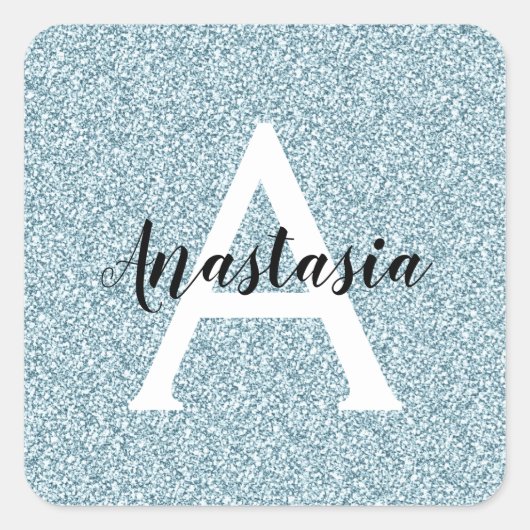 Glam Blue Silver Glitzer Glitzern Monogram Name Quadratischer Aufkleber (Vorderseite)