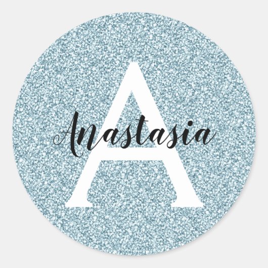 Glam Blue Silver Glitzer Glitzern Monogram Name Runder Aufkleber (Vorderseite)