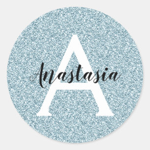 Glam Blue Silver Glitzer Glitzern Monogram Name Runder Aufkleber