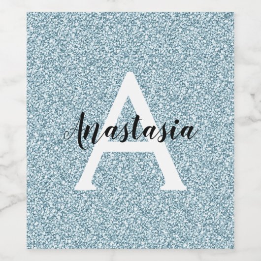 Glam Blue Silver Glitzer Glitzern Monogram Name Weinetikett (Einzelnes Label)