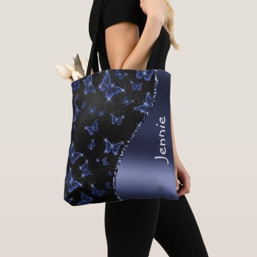 Glam Blue Silver Glitzer Schmetterlinge Personalis Tasche (Von Nahem)