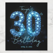 Glam Blue Teal Diamond Sparkle 30th Birthd Weinetikett (Einzelnes Label)