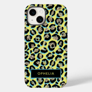 Glam Blue Yellow Glitzer Leopard Druckname Case-Mate iPhone 14 Hülle