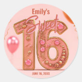 Glam Blush Pink and Gold Gemstone Sweet Sixteen  Runder Aufkleber (Vorderseite)