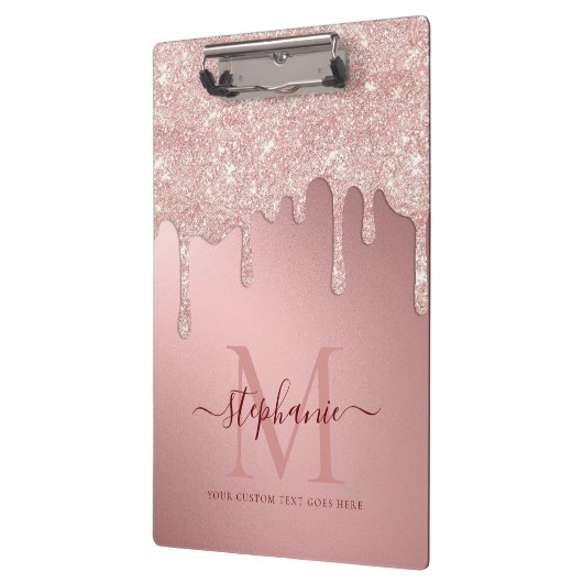 Glam Blush Pink Glitzer Tropfen Foil Monogramm Klemmbrett (Links)