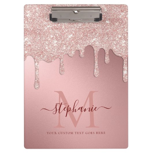 Glam Blush Pink Glitzer Tropfen Foil Monogramm Klemmbrett (Vorderseite)