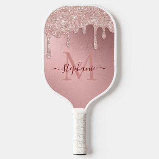 Glam Blush Pink Glitzer Tropfen Foil Monogramm Pickleball Schläger (Vorderseite)