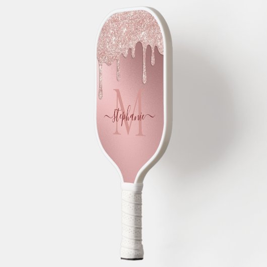 Glam Blush Pink Glitzer Tropfen Foil Monogramm Pickleball Schläger (Links)
