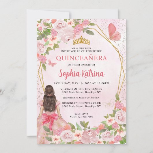 Glam Blush Pink Gold Floral Prinzessin Quinceañera Einladung (Vorderseite)