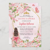 Glam Blush Pink Gold Floral Prinzessin Quinceañera Einladung (Vorne/Hinten)