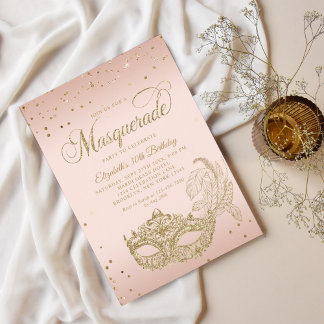 Glam Blush Pink Gold Glitzer Masquerade Geburtstag Einladung