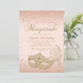 Glam Blush Pink Gold Glitzer Masquerade Geburtstag Einladung (Stehend Vorderseite)