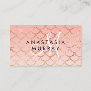 Glam Blush Pink Gold Meerjungfrau Glitter Monogram Visitenkarte