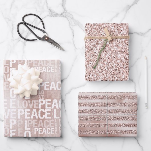 Glam Blush Pink Peace Liebe Glitzer Geschenkpapier Set (Vorderseite)