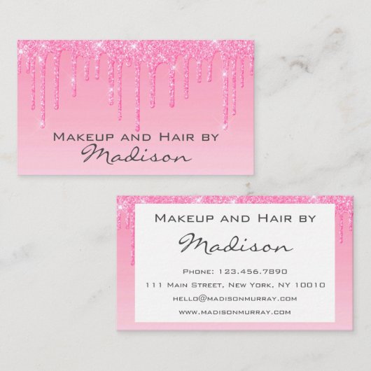 Glam Blush Pink Rose Glitzer Tropfen Makeup Artist Visitenkarte (Vorne/Hinten)