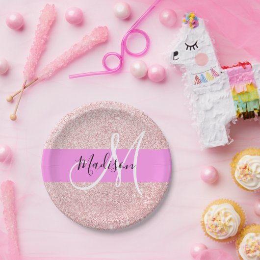 Glam Blush Pink Rose Gold Glitzer Sparklogramm Pappteller (Party)