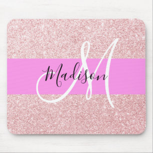 Glam Blush Pink Rosen Gold Glitter Funkel Monogram Mousepad