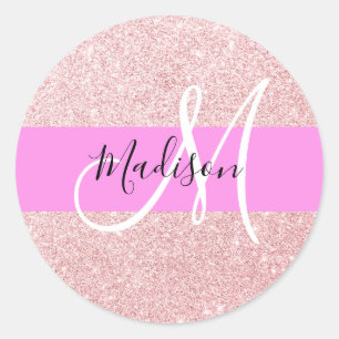 Glam Blush Pink Rosen Gold Glitter Funkel Monogram Runder Aufkleber