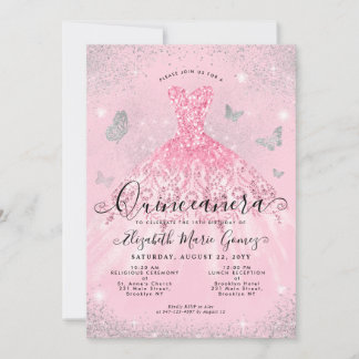 Glam Blush Pink Silver Glitzer Gown Quinceanera Einladung