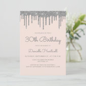 Glam Blush Pink Silver Glitzer Tropfen 30. Geburts Einladung (Stehend Vorderseite)