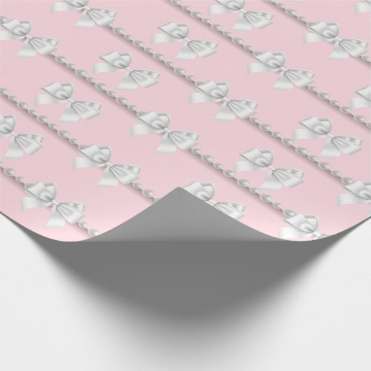 Glam Blush Pink Tiffany Theme White Bow Pearls Geschenkpapier (Ecke)