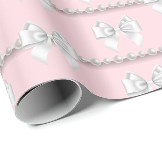 Glam Blush Pink Tiffany Theme White Bow Pearls Geschenkpapier (Rolleneckpunkt)