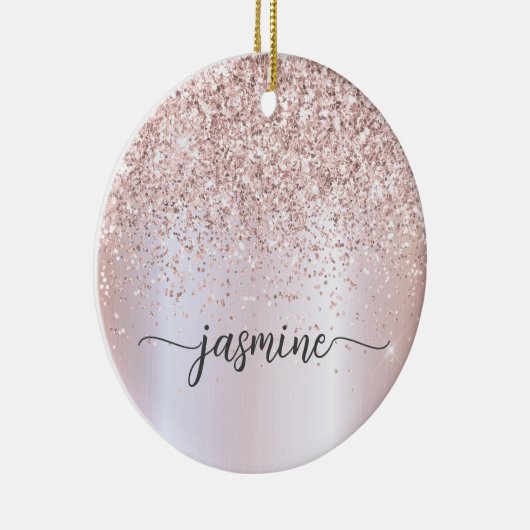 Glam Blush Rose Gold Glitzer Monogram Name Script Keramik Ornament (Rechts)