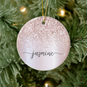 Glam Blush Roségold Glitter Monogramm Namensschrif Keramik Ornament