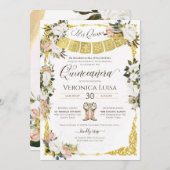 Glam Blush, Weiß mit Gold Floral Quinceañera Inv Einladung (Vorne/Hinten)
