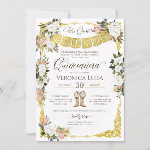 Glam Blush, Weiß mit Gold Floral Quinceañera Inv Einladung