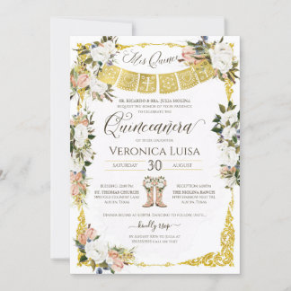 Glam Blush, Weiß mit Gold Floral Quinceañera Inv Einladung