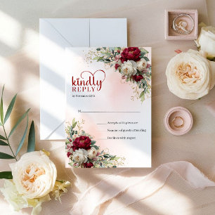 Glam Boho Burgunderrot und Weiße Florale Goldene H RSVP Karte
